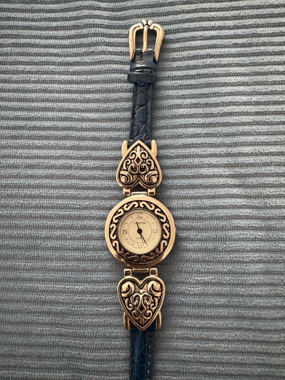 Geneva Gold-Tone Heart Motif Watch with Navy Strap
